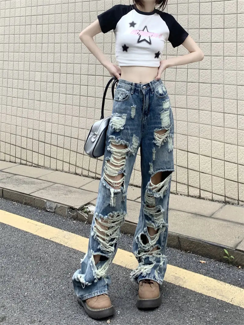 Ripped high-waist wide-leg jeans