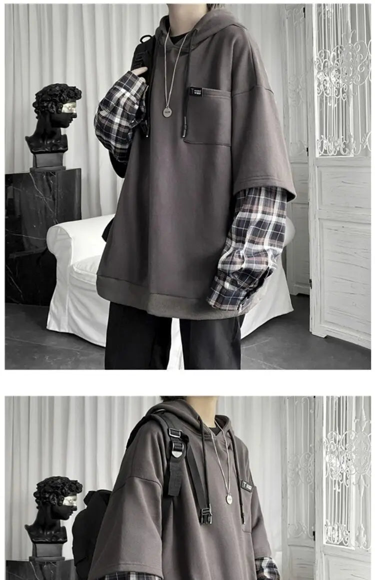 KOSAHIKI - Oversized Plaid Sleeve Hoodie