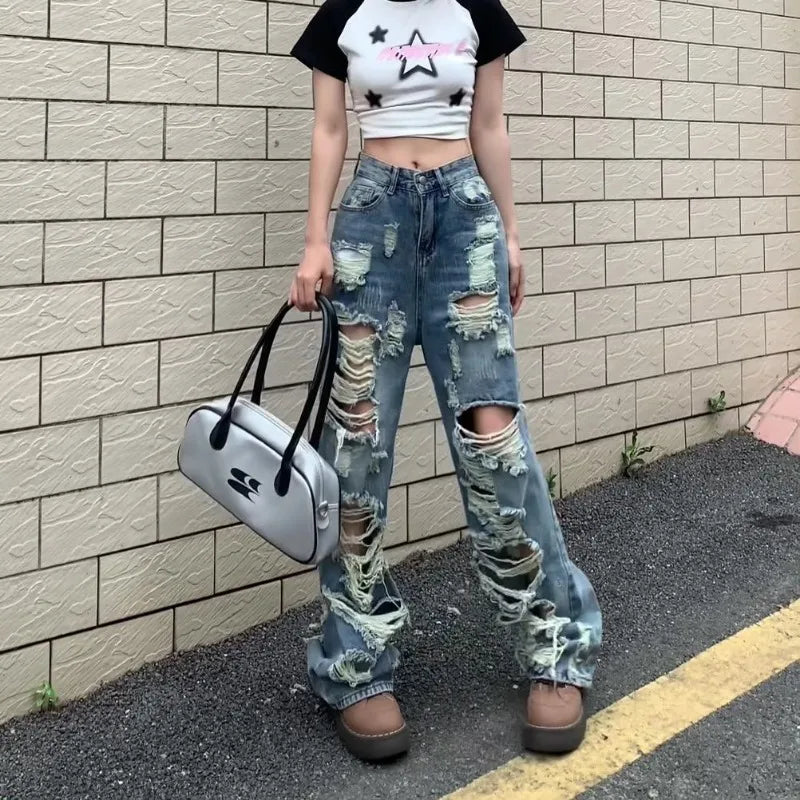 Ripped high-waist wide-leg jeans