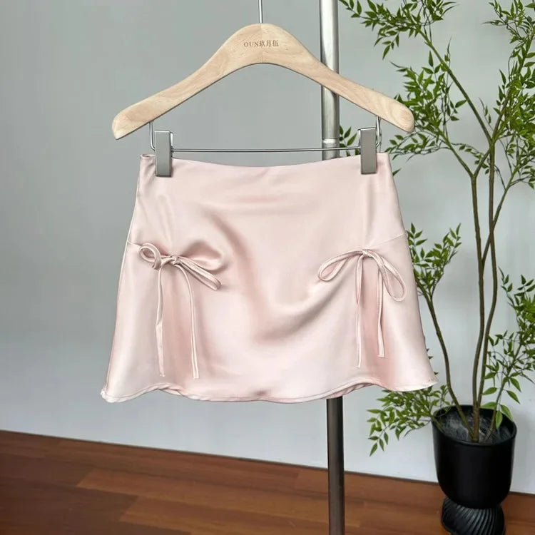 Bow Lace-Up Satin Mini Skirt