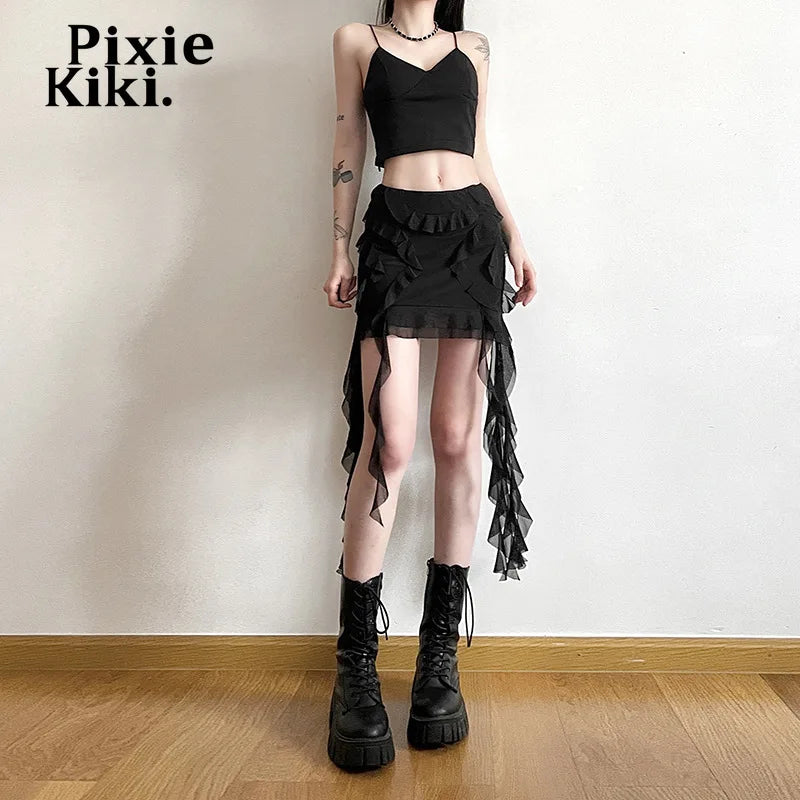 PixieKiki - Mesh Ruffled High-Waist Mini Skirt 