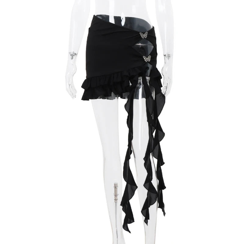 WhereMery - Black Ruffles Hollow Out Skirt