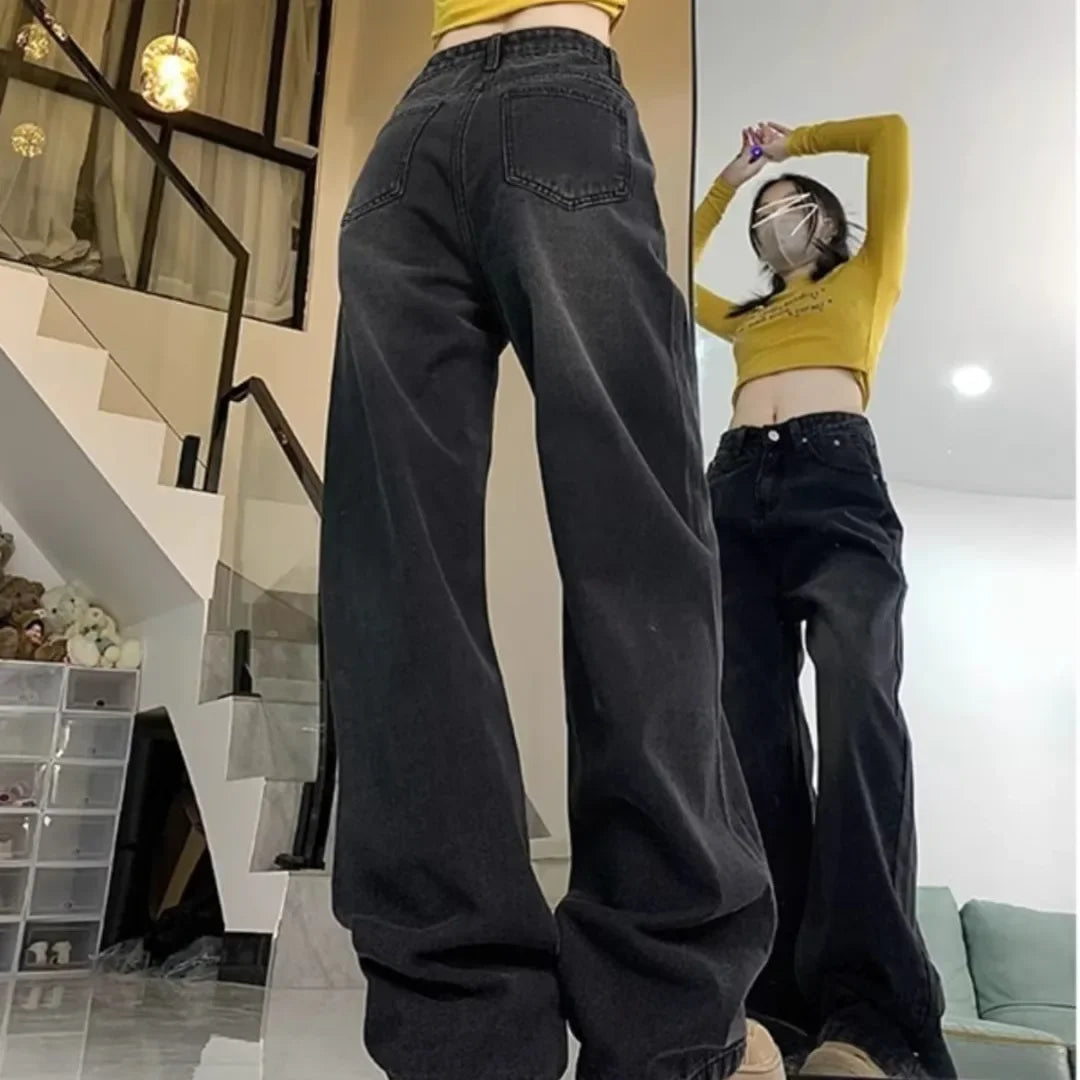 Vintage high-waisted straight-leg fleece-lined jeans 