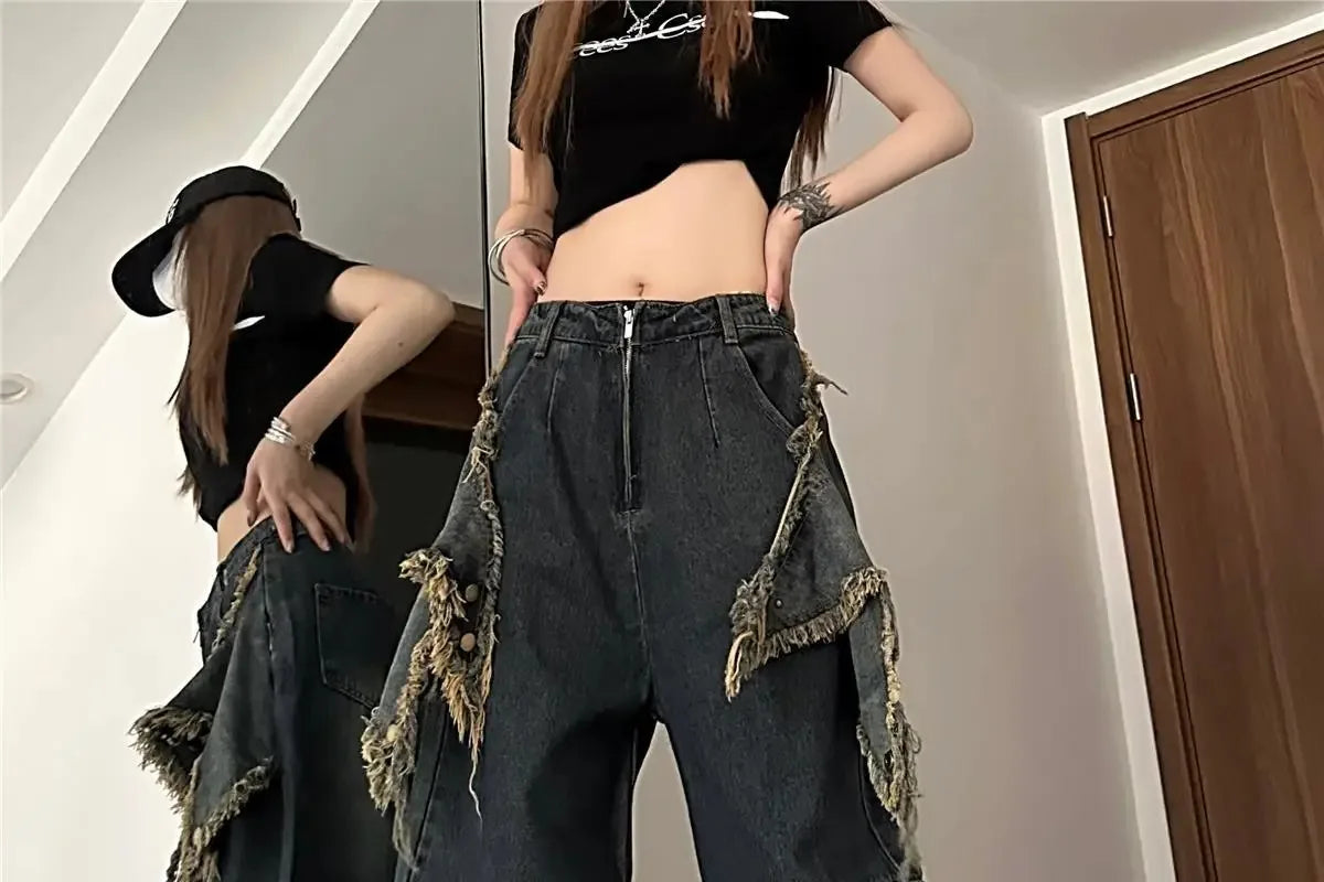 Wide-Leg Baggy Jeans - Fashionable Y2K Star Print