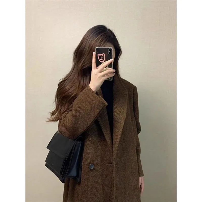 Lapel Collar Woolen Coat - Coffee Colored Mid-Length Overcoat