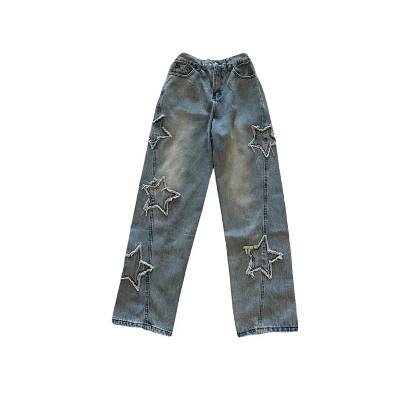 Dafify - Blue Star Embroidered Wide-Leg Jeans