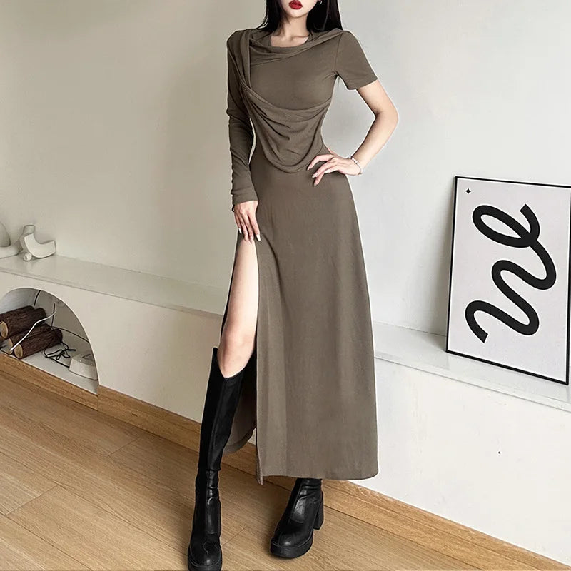 Hooded off-shoulder split long dress