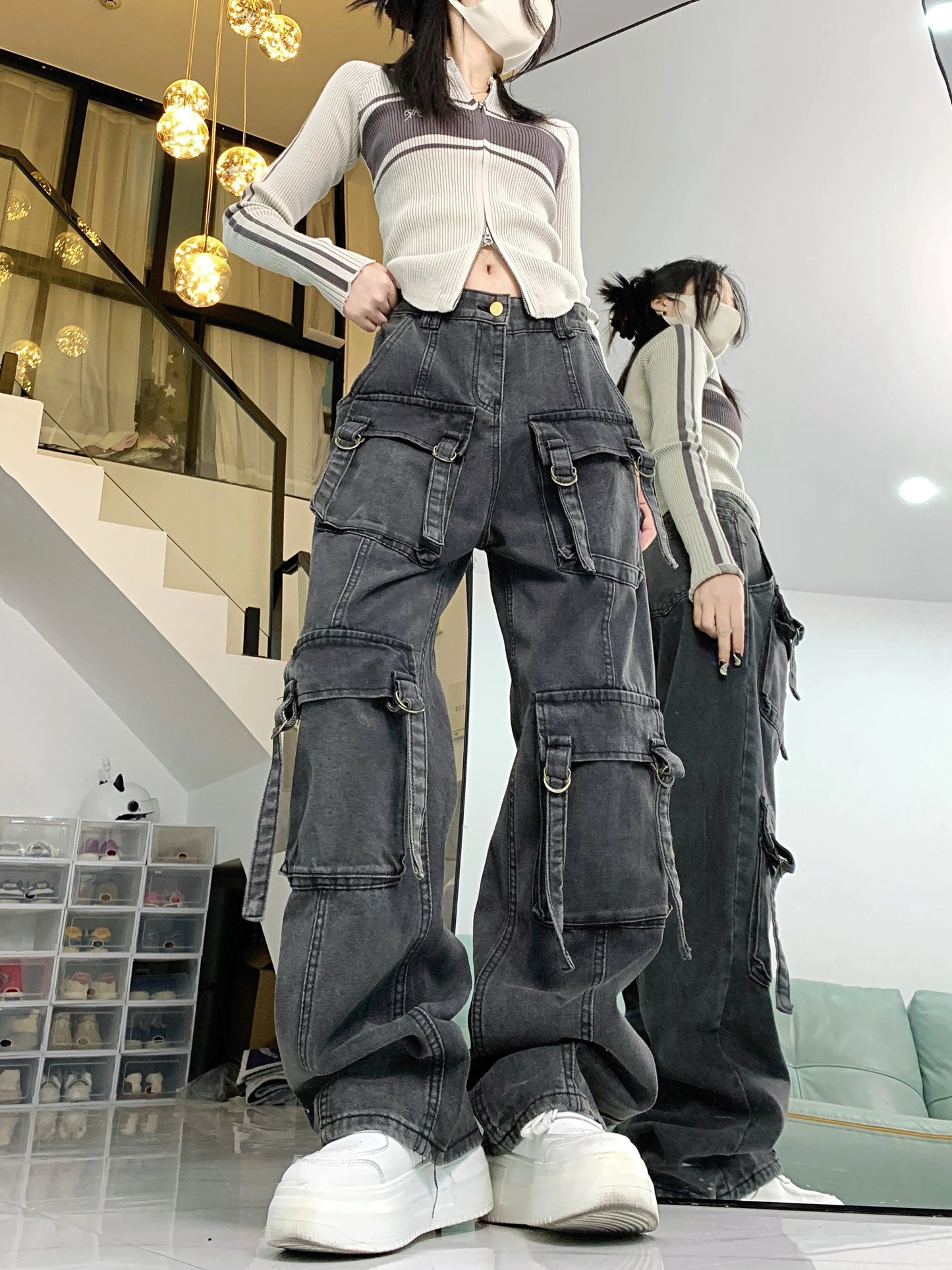 Cargo Pants - Dark Gray Wide-Leg Y2K Jeans