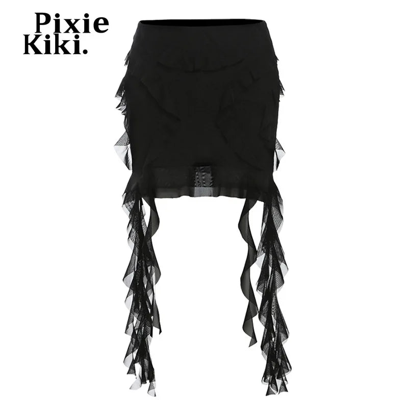 PixieKiki - Mesh Ruffled High-Waist Mini Skirt 