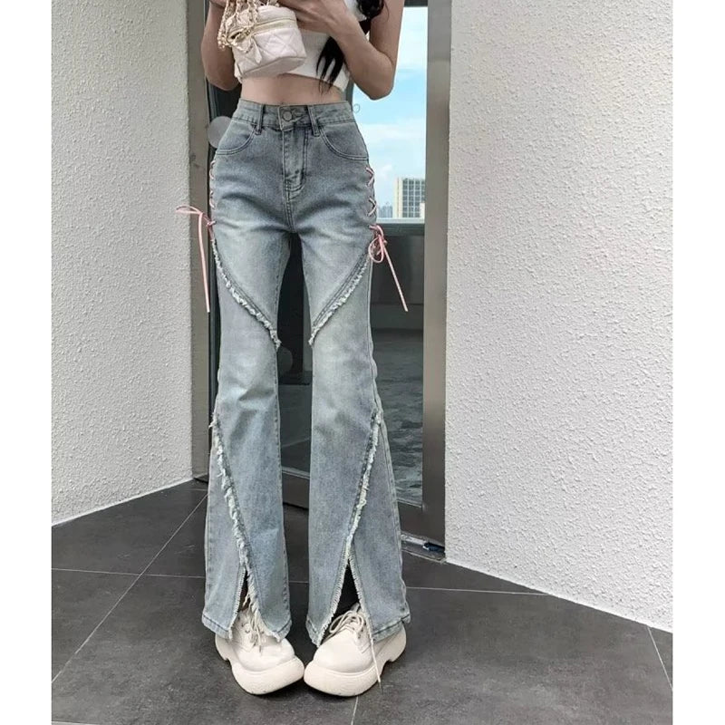 Gidyq - Retro Tassel Split Flared Jeans