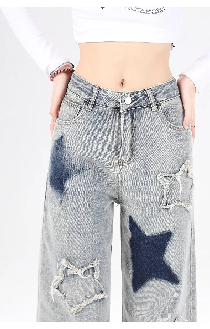 Star Embroidered High-Waist Cargo Jeans