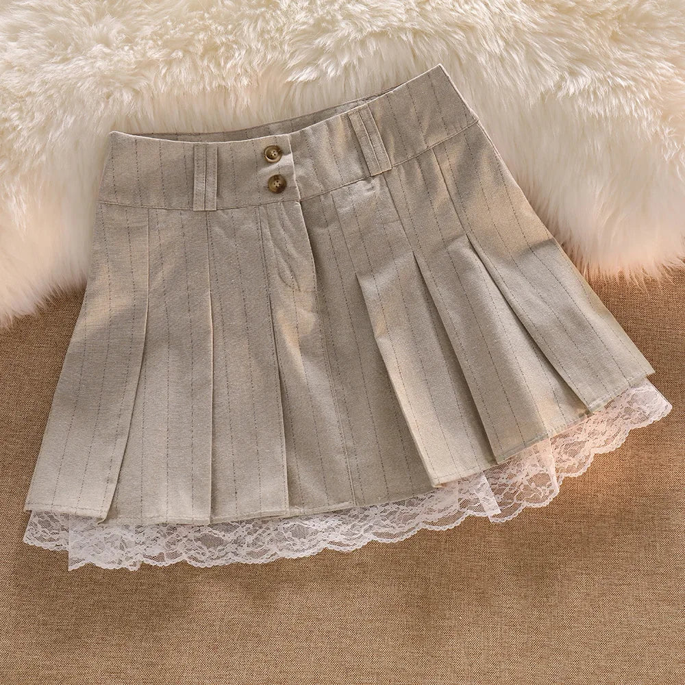 Lace Trim Pleated Mini Skirt - Preppy Style