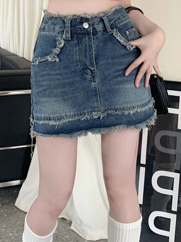 High-waist denim skirt with tassel edge