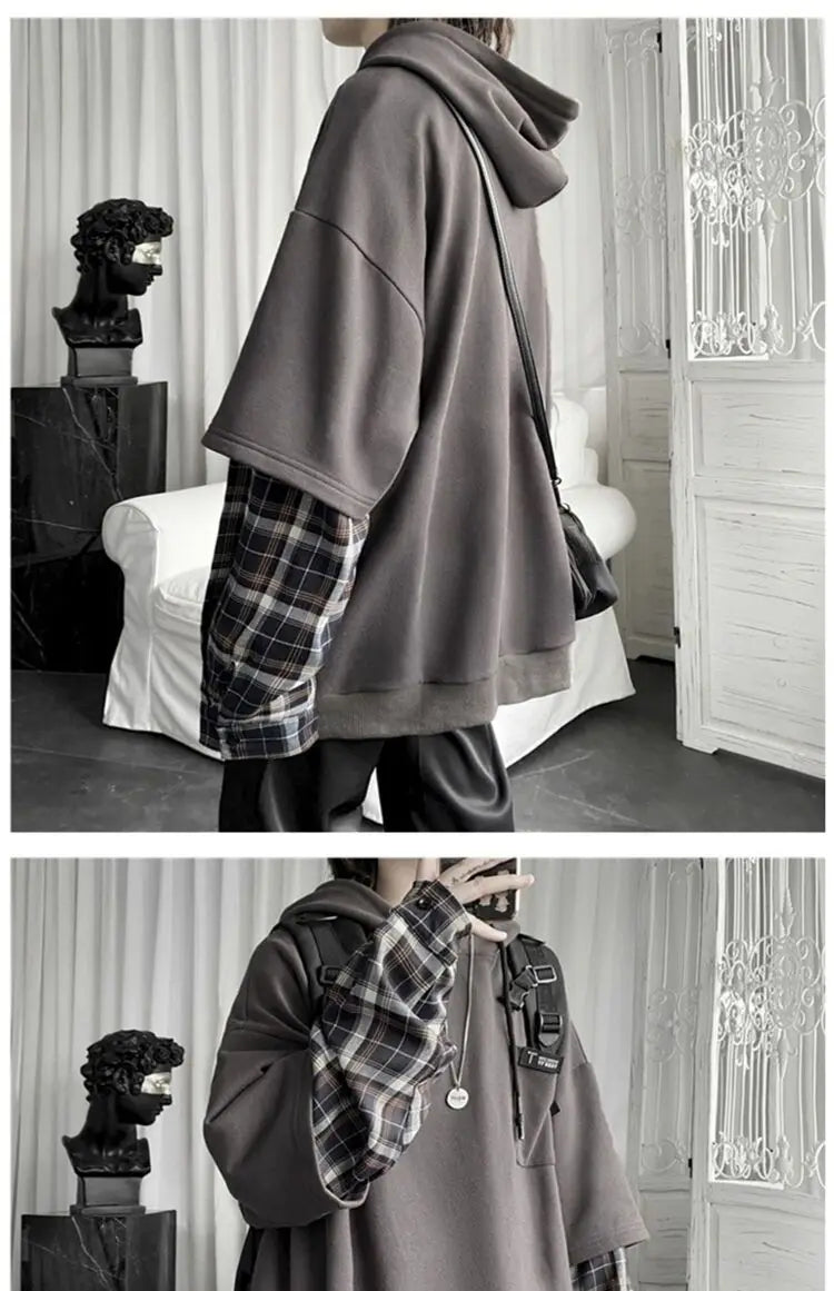 KOSAHIKI - Oversized Plaid Sleeve Hoodie