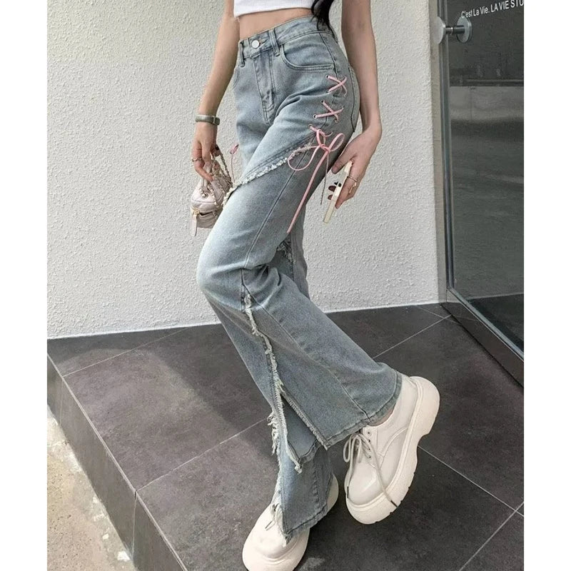 Gidyq - Retro Tassel Split Flared Jeans