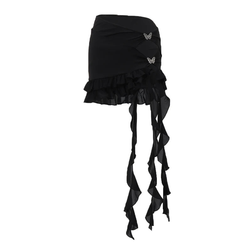 WhereMery - Black Ruffles Hollow Out Skirt