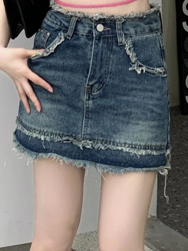 High-waist denim skirt with tassel edge