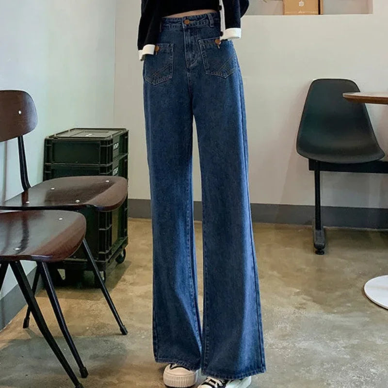 Blue high-waist straight-leg jeans