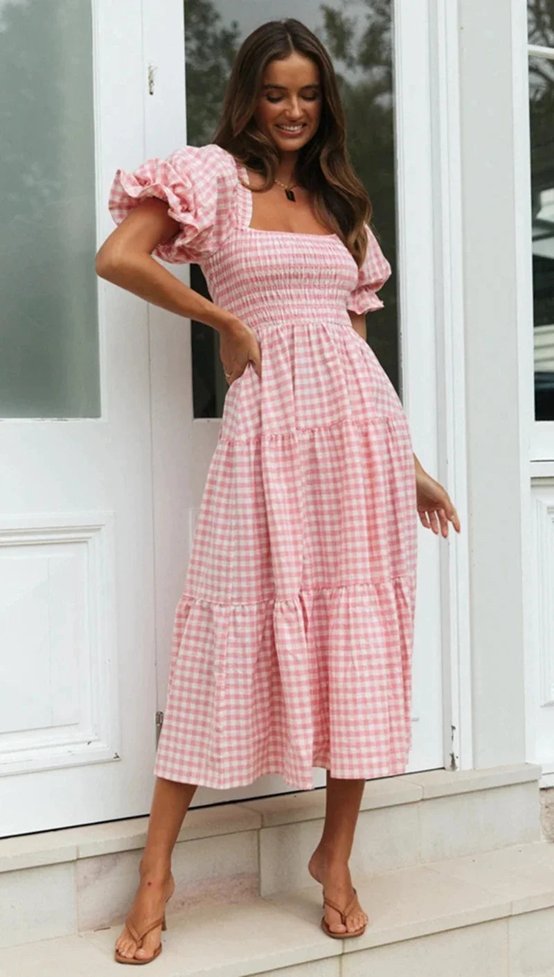 Spring Plaid Puff Sleeve Dress