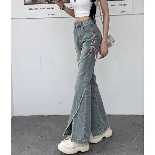 Gidyq - Retro Tassel Split Flared Jeans