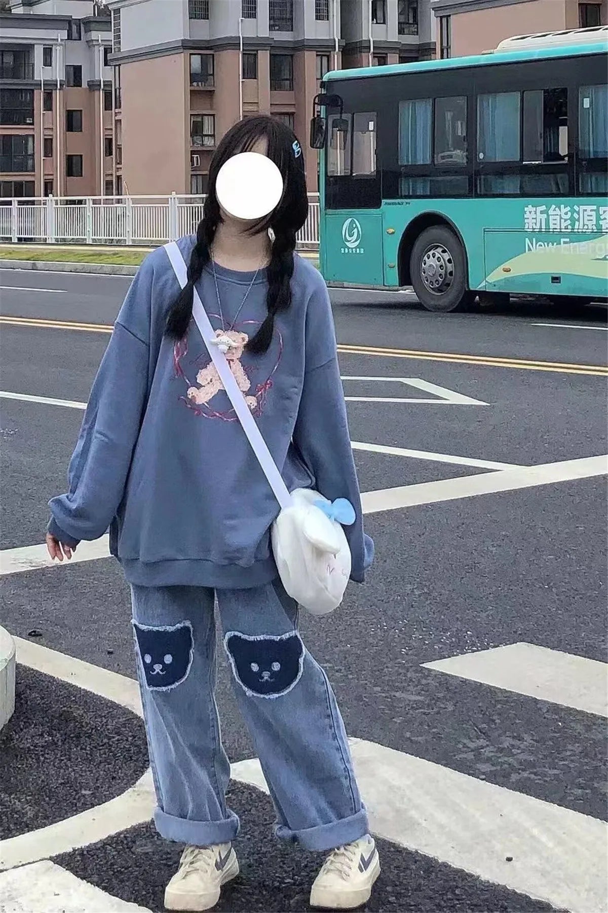 Harajuku-Style Baggy Jeans mit süßem Hip-Hop-Bären-Design