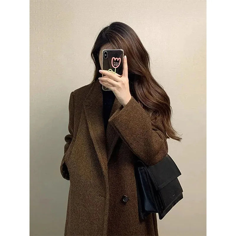 Lapel Collar Woolen Coat - Coffee Colored Mid-Length Overcoat