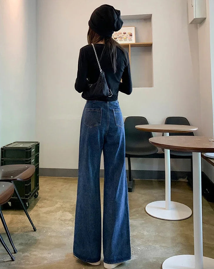 Blue high-waist straight-leg jeans