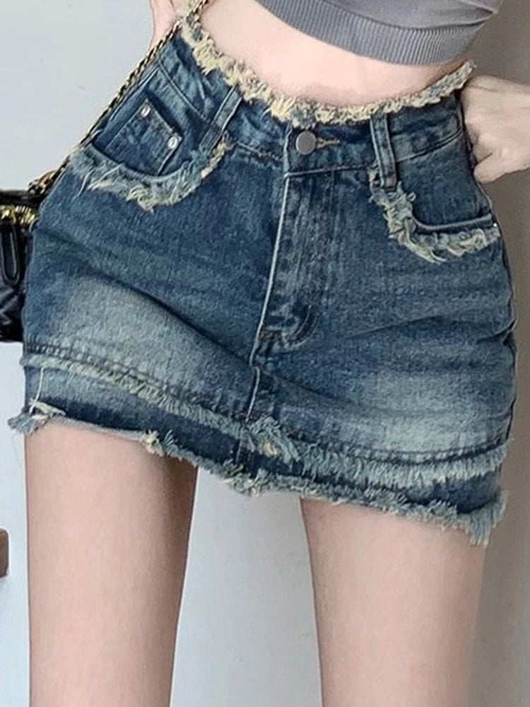 High-waist denim skirt with tassel edge