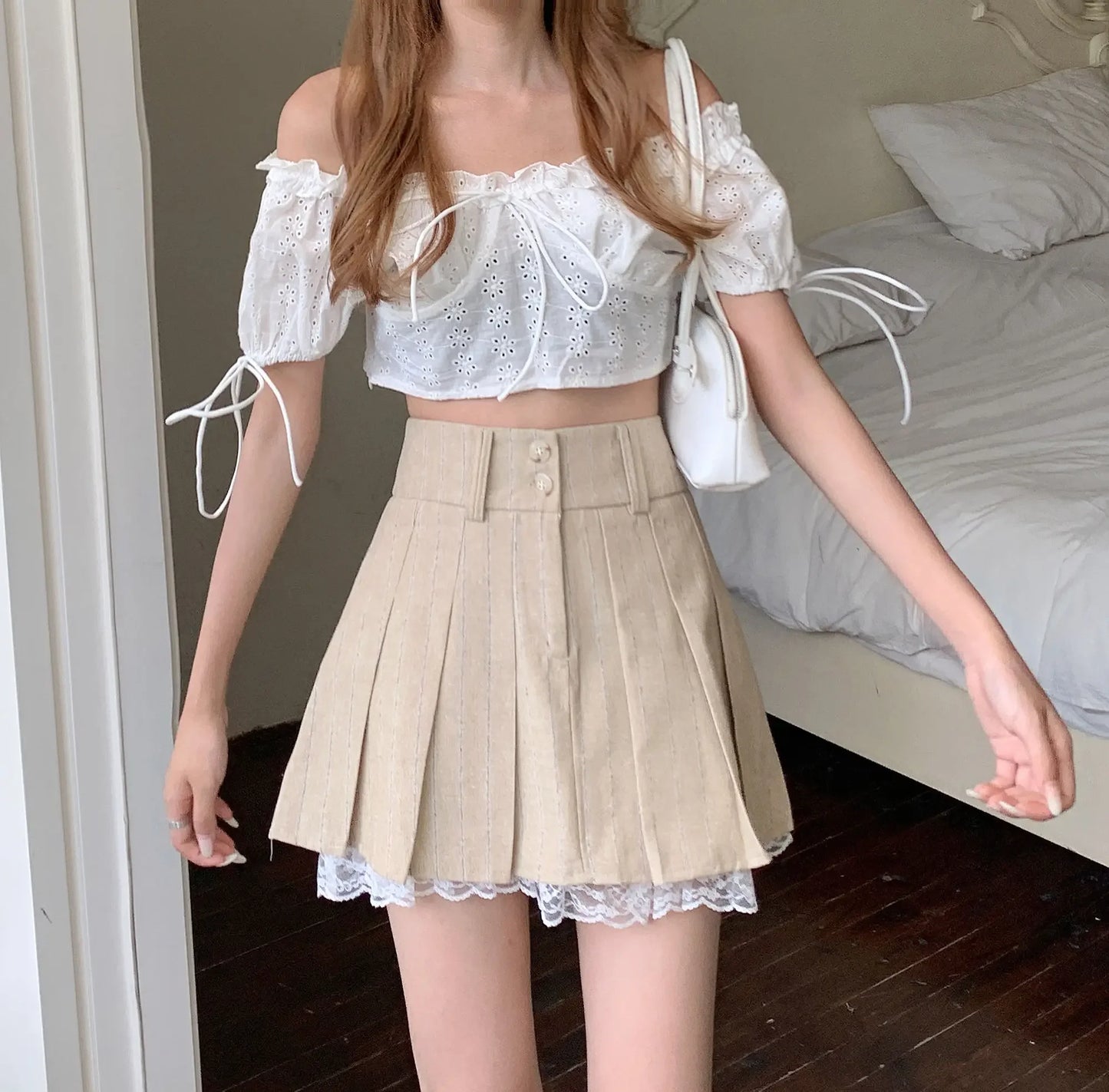 Lace Trim Pleated Mini Skirt - Preppy Style