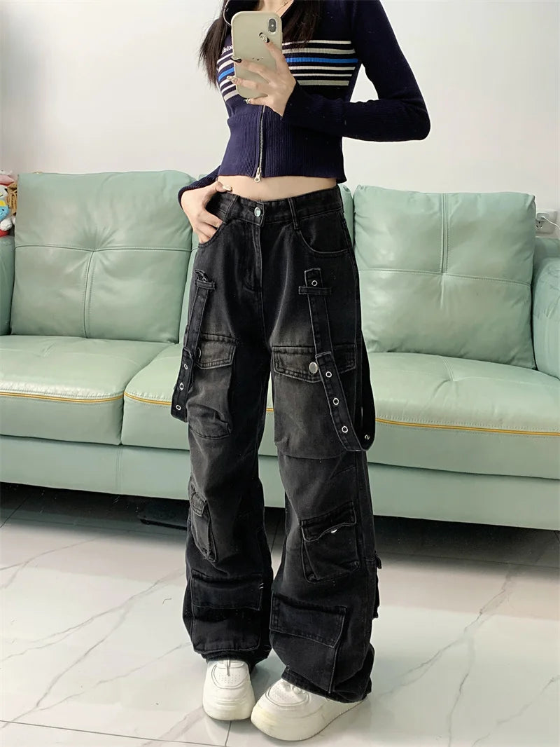 Cargo Pants - Dark Gray Wide-Leg Y2K Jeans