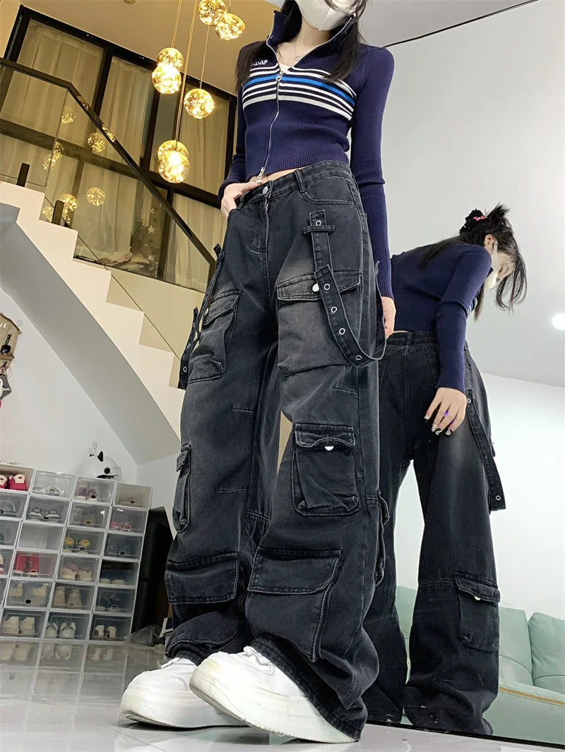 Cargo Pants - Dark Gray Wide-Leg Y2K Jeans