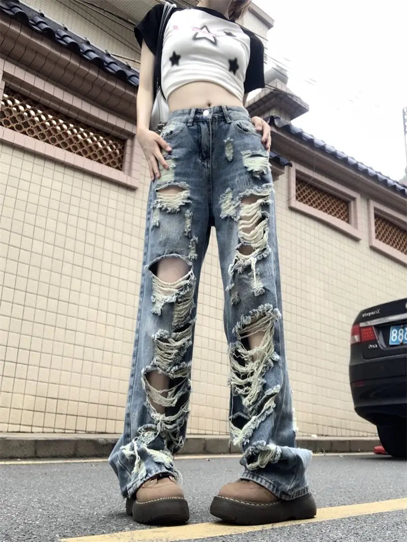 Ripped high-waist wide-leg jeans