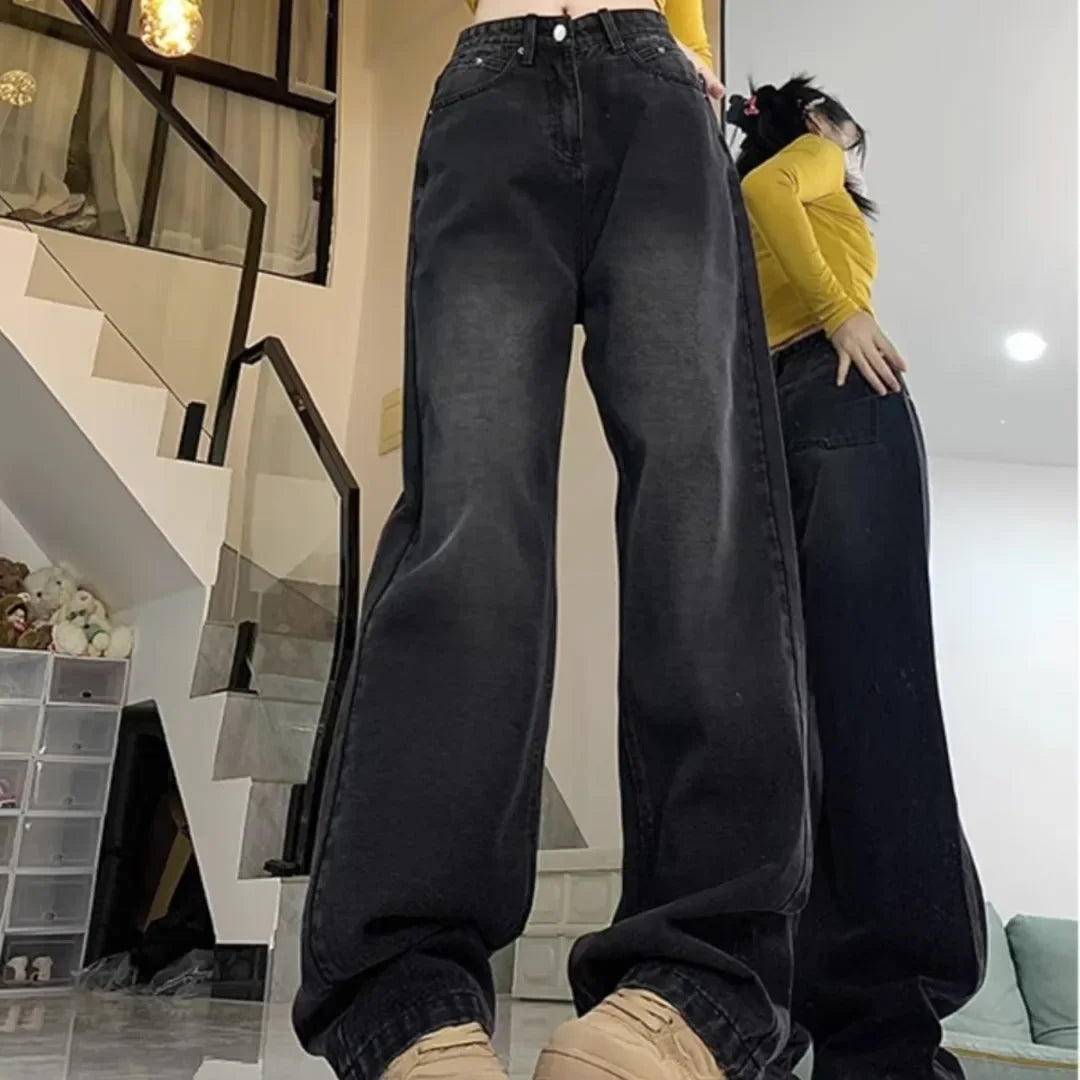 Vintage high-waisted straight-leg fleece-lined jeans 