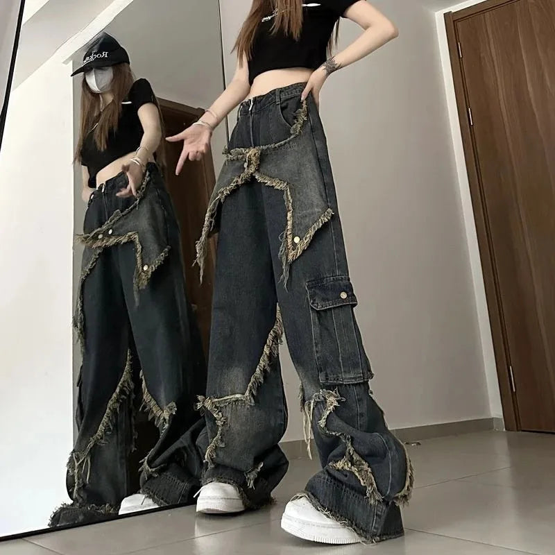 Wide-Leg Baggy Jeans - Fashionable Y2K Star Print