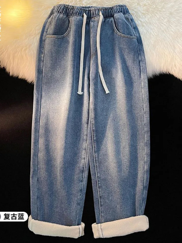 Winter wide-leg plush-lined jeans