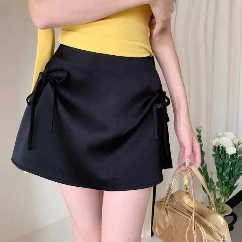 Bow Lace-Up Satin Mini Skirt