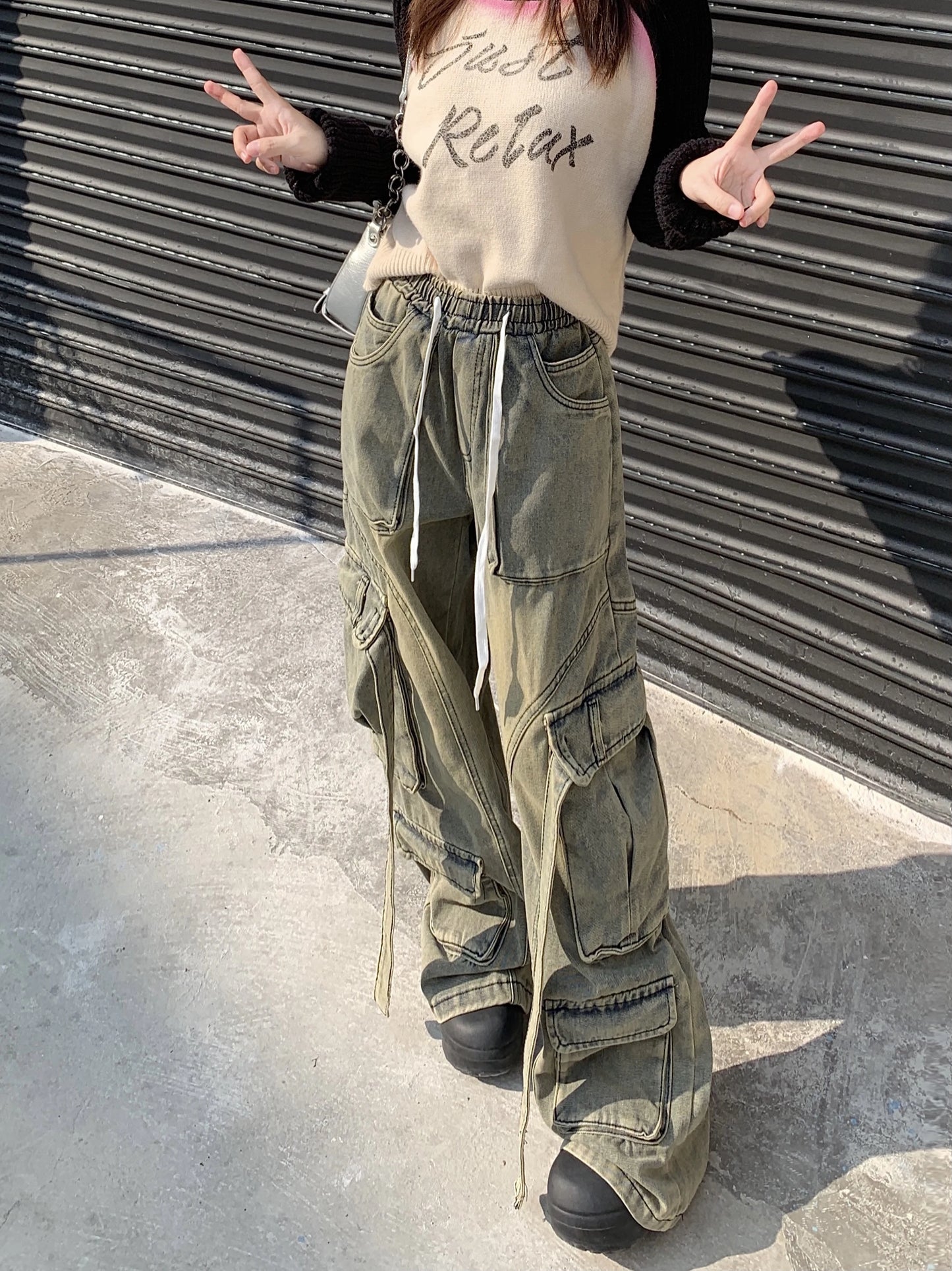 Cargo Pants - Dark Gray Wide-Leg Y2K Jeans