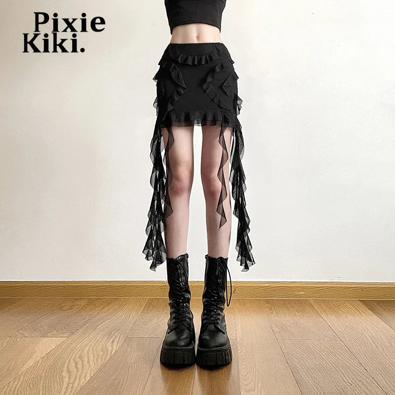 PixieKiki - Mesh Ruffled High-Waist Mini Skirt 