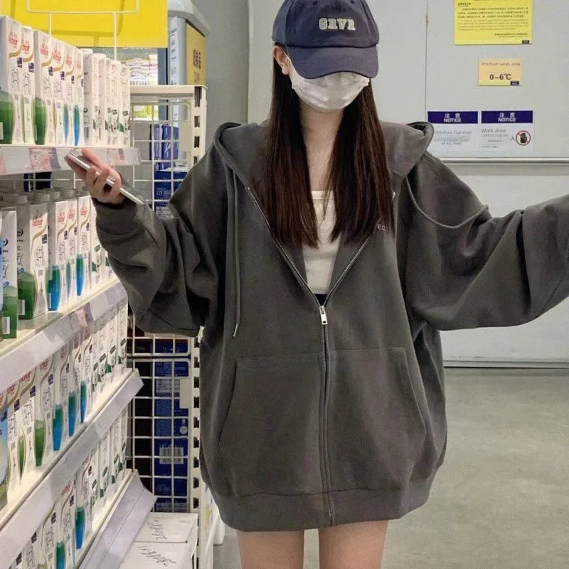 Oversized Loose-Fit Hooded Sweatshirt Jacket