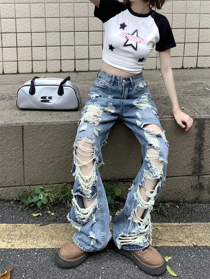 Ripped high-waist wide-leg jeans