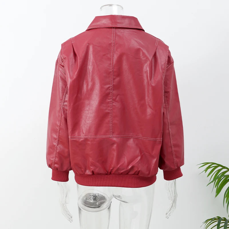 Red Zipper Pocket Leather Jacket 