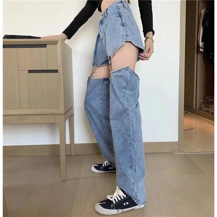 High-Waist Splicing Jeans - Detachable