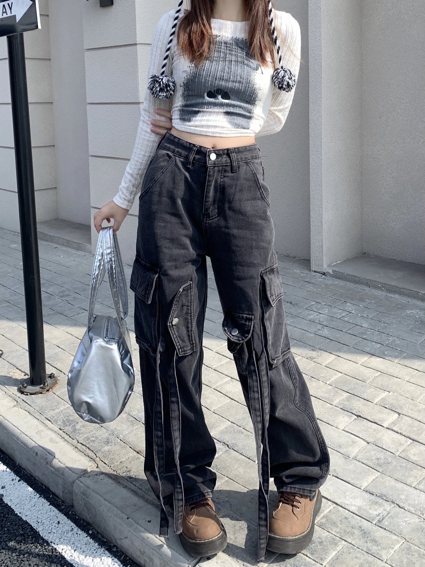 Cargo Pants - Dark Gray Wide-Leg Y2K Jeans