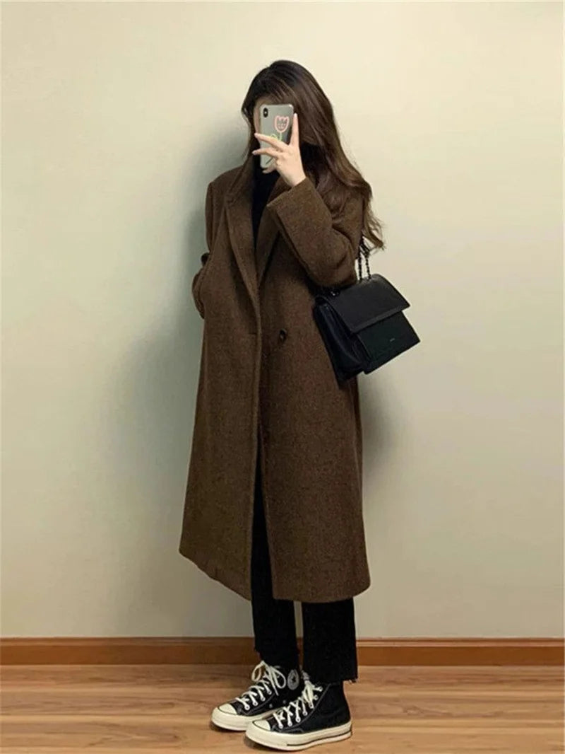 Lapel Collar Woolen Coat - Coffee Colored Mid-Length Overcoat