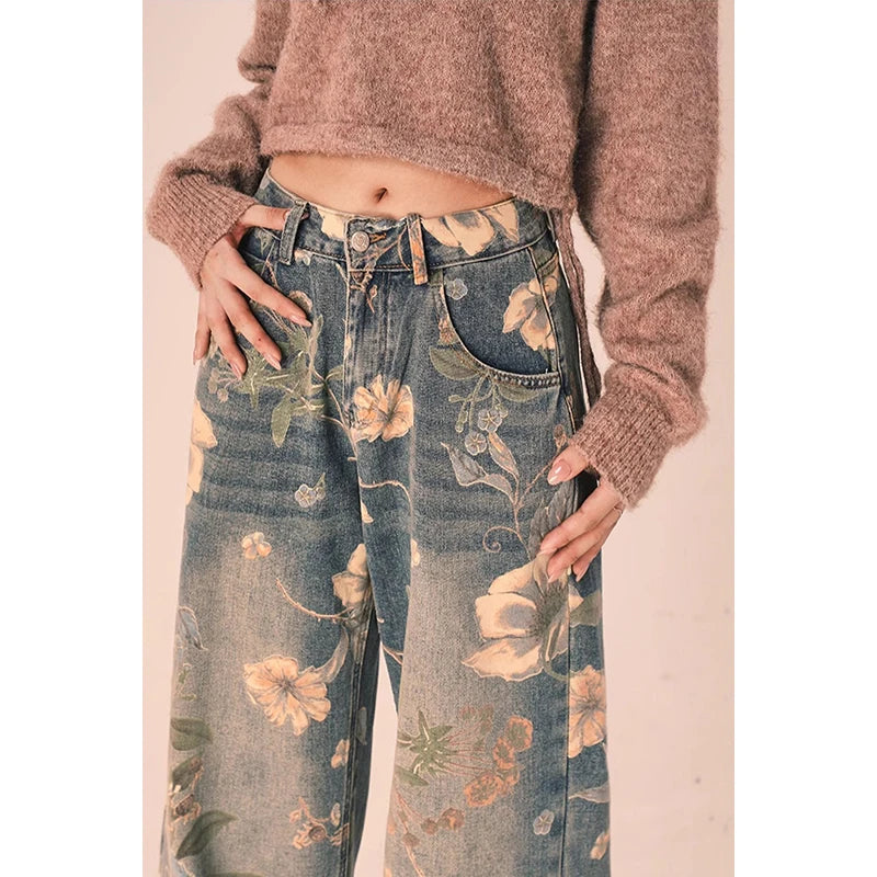 Vintage Floral High-Waist Wide-Leg Jeans