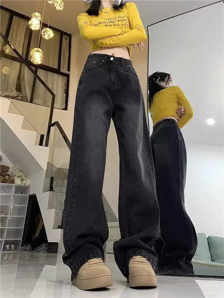 Vintage high-waisted straight-leg fleece-lined jeans 