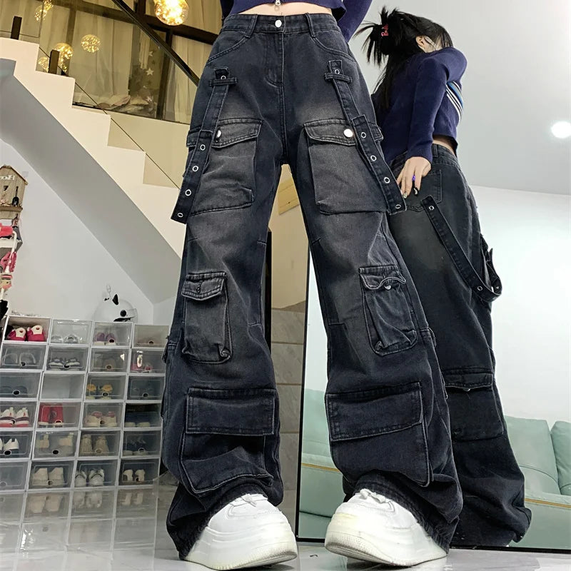 Cargo Pants - Dark Gray Wide-Leg Y2K Jeans