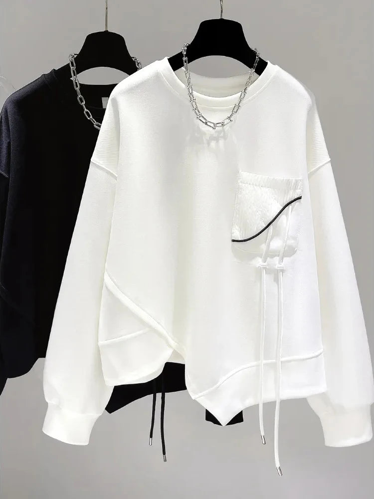 Pocket Patchwork Asymmetrical Lace-Up Hoodie 