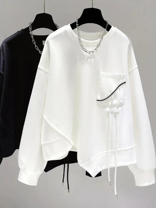 Pocket Patchwork Asymmetrical Lace-Up Hoodie 