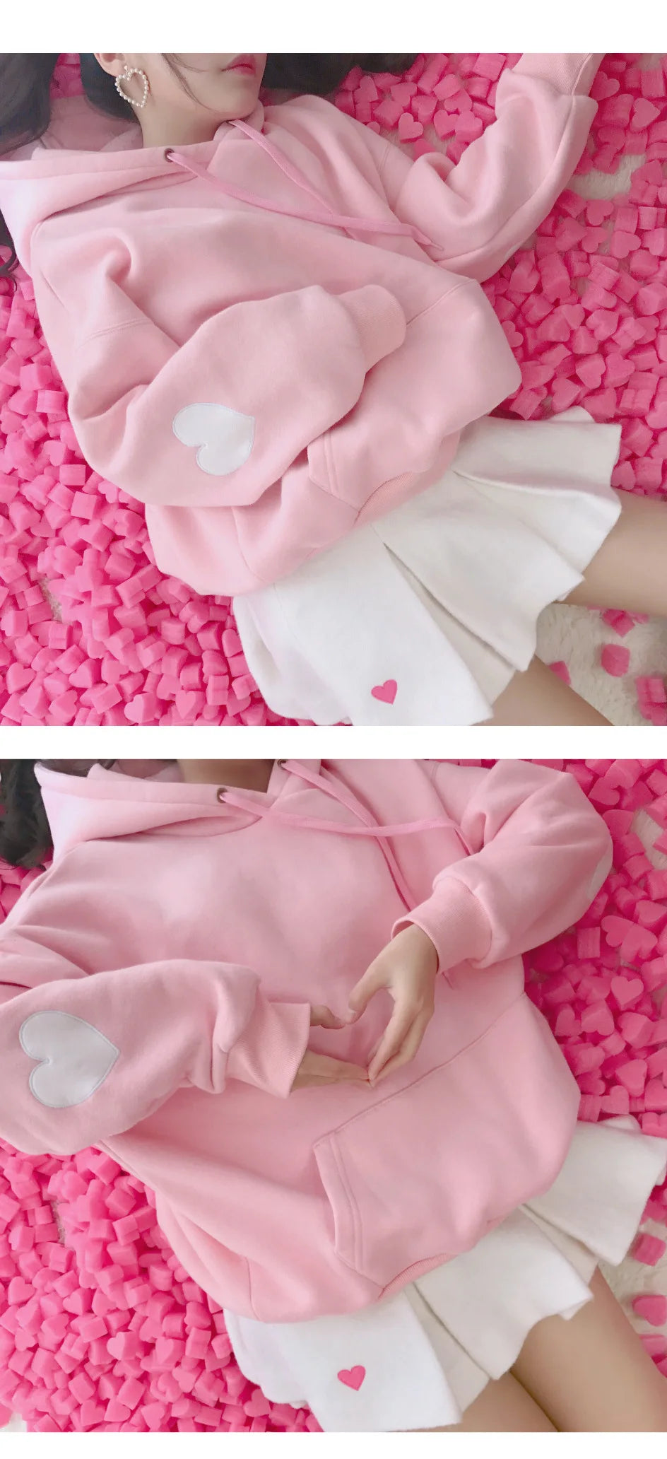 Cute Pink Cotton Hoodie - Love Heart Embroidery